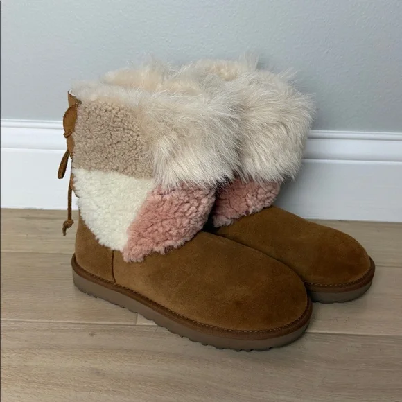 Ugg Classic Short Patchwork Boots | Faux Fur Lined Suede | Pink White | Sz 9 - Picture 4 of 6